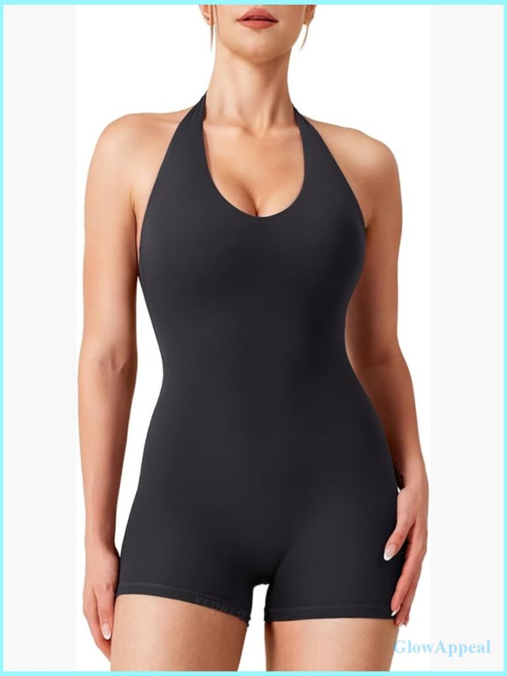 Halter Workout Jumpsuit for Women Open Back One Piece Padded Shorts Romper